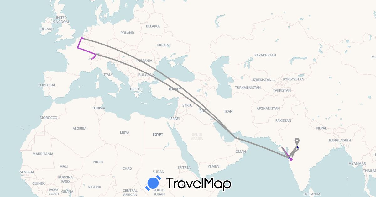 TravelMap itinerary: driving, plane, train in United Arab Emirates, Belgium, Switzerland, France, India (Asia, Europe)